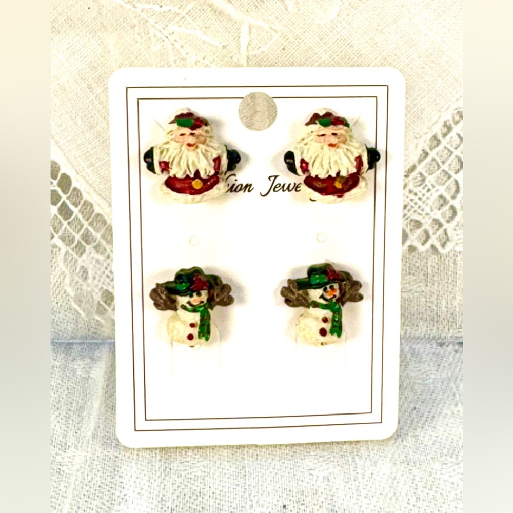 Female  Earrings Pierced Studs Santa Claus and Snowman Tiny 1/2” Detailed Cute